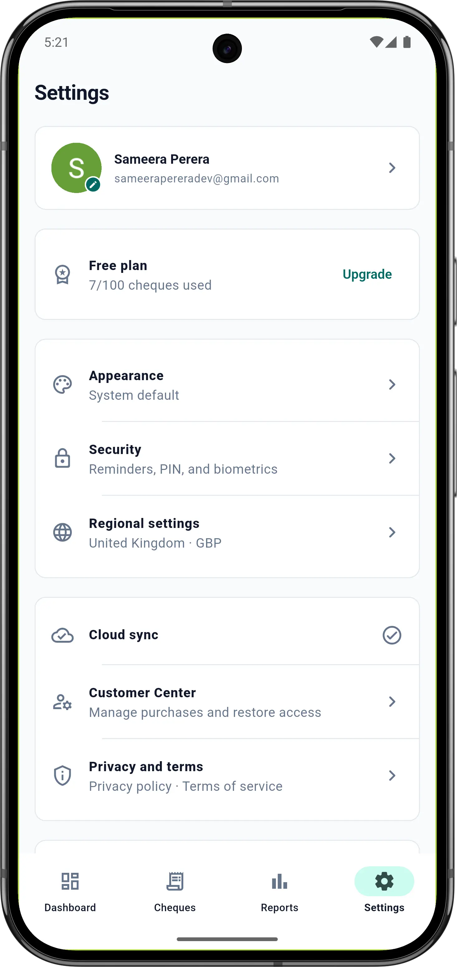Account settings and profile