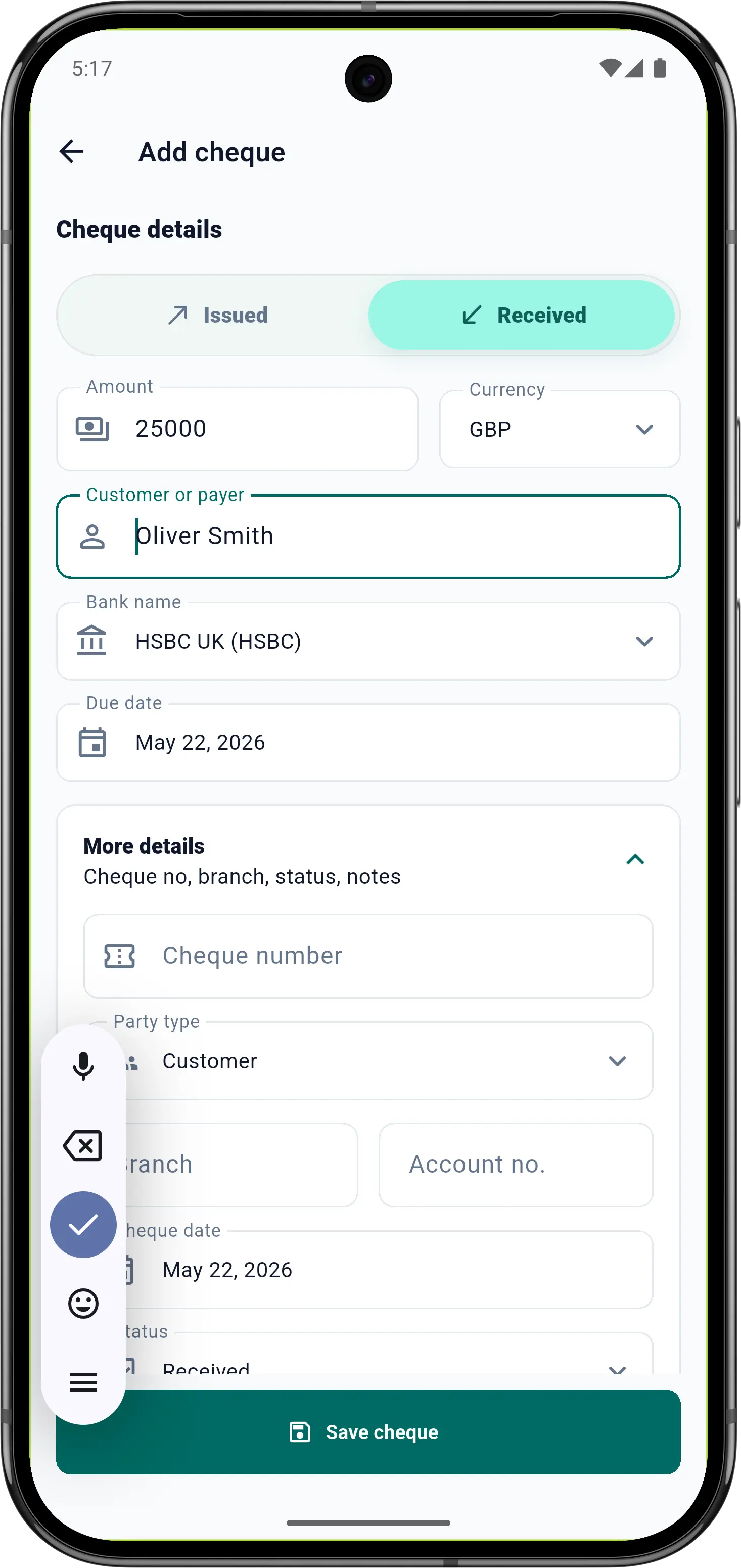 Add cheque form with all details