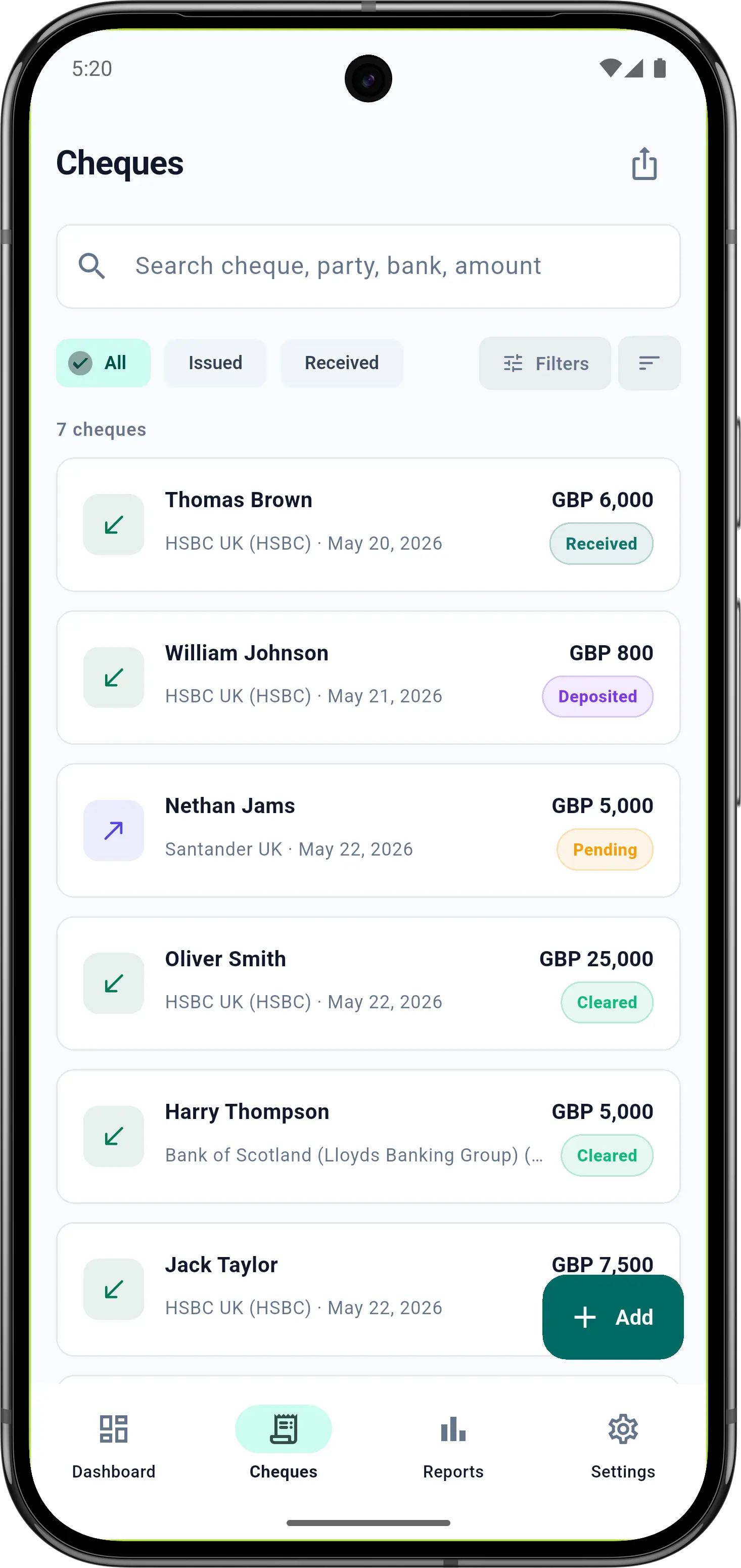 Cheque list with status indicators and search