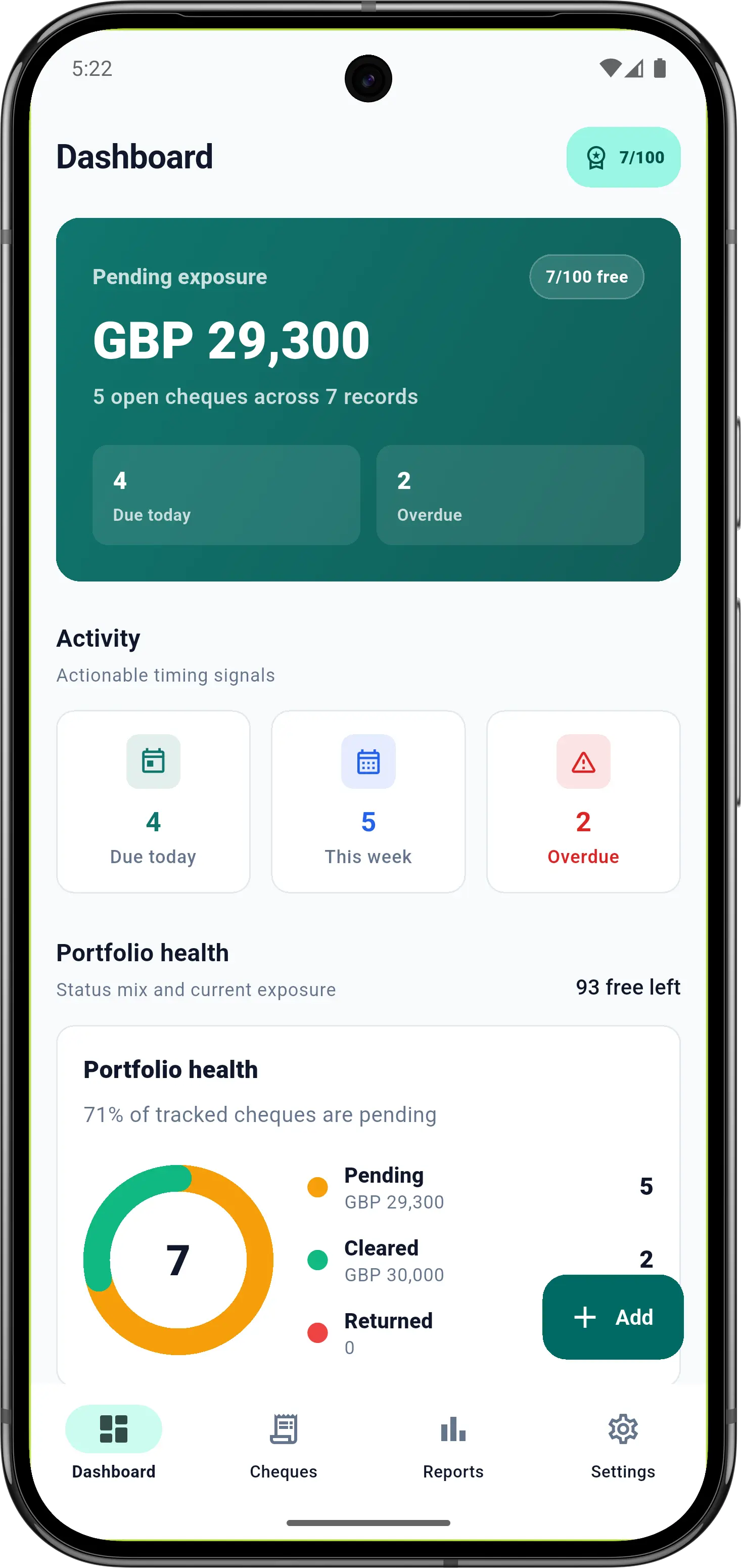 ChequeVault app — portfolio dashboard showing balance, issued and received cheques