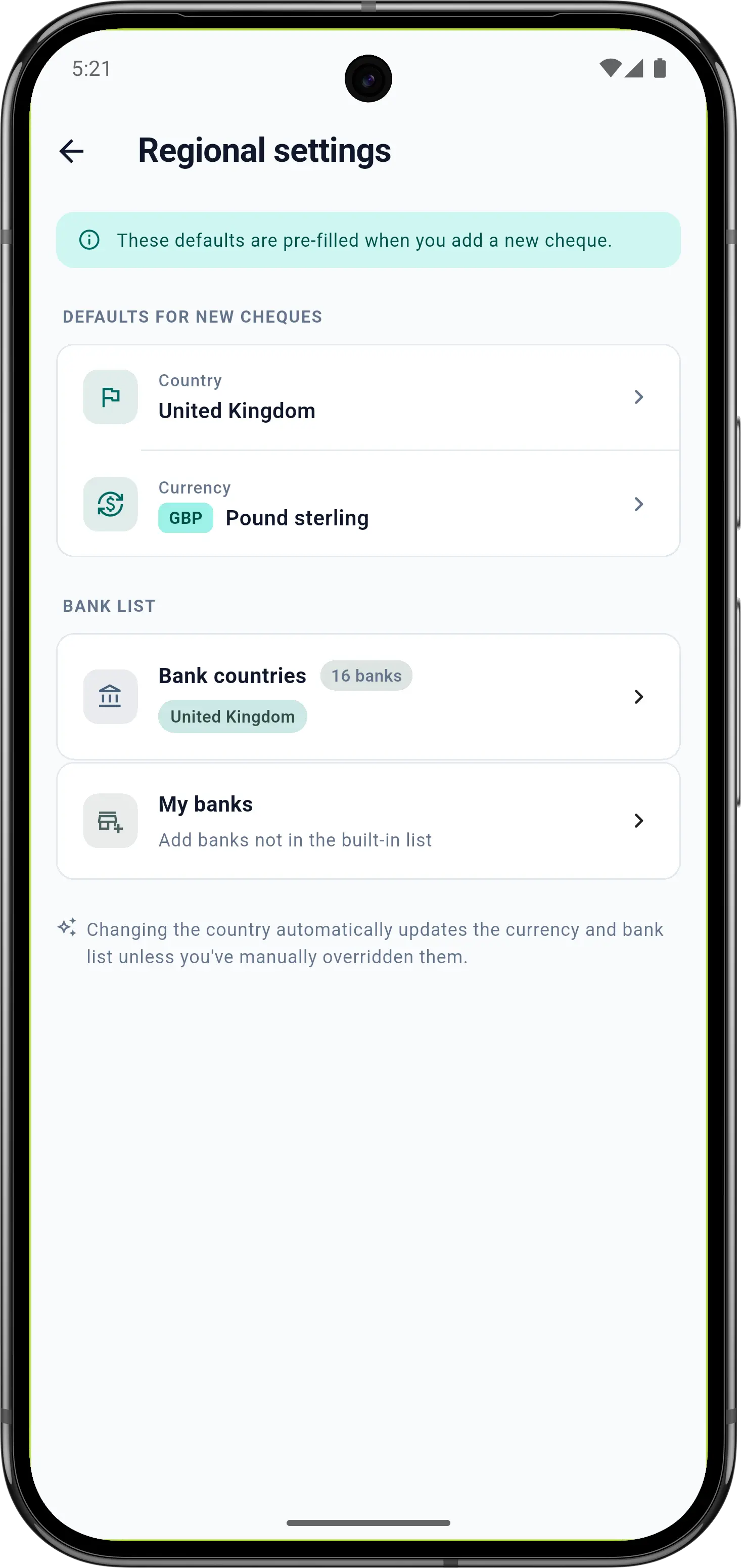 Regional settings — country, currency, and bank selection